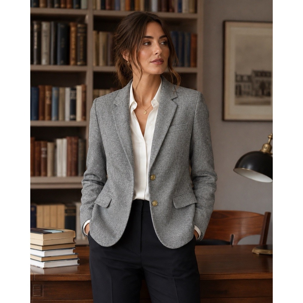 Women's J Crew Mercantile Wool Blazer Light Gray Gold Buttons Old Money Sz 8